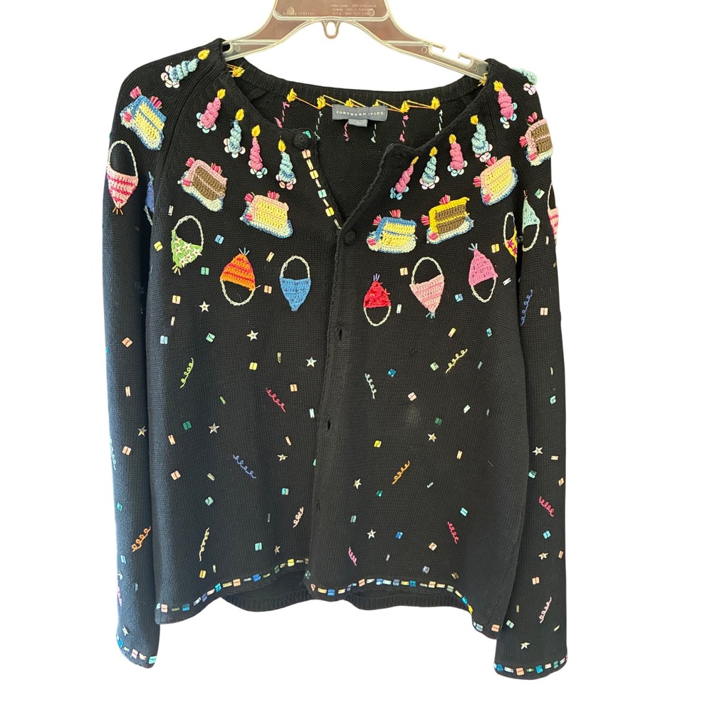 Northern Isles Cardigan Women Large Black Excellent Birthday Cake Crochet Beaded